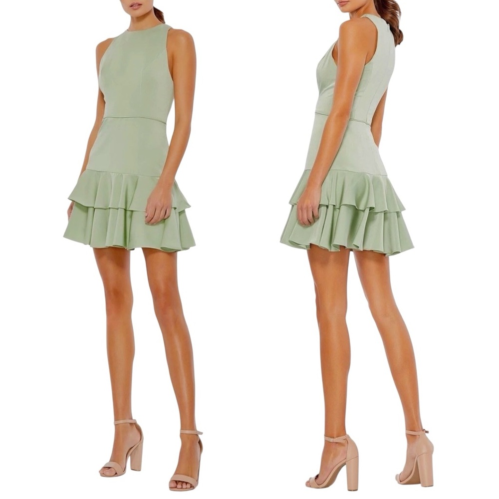 NWT IEENA For Mac Duggal Sage Green Sleeveless Tiered Ruffle Hem Mini Dress